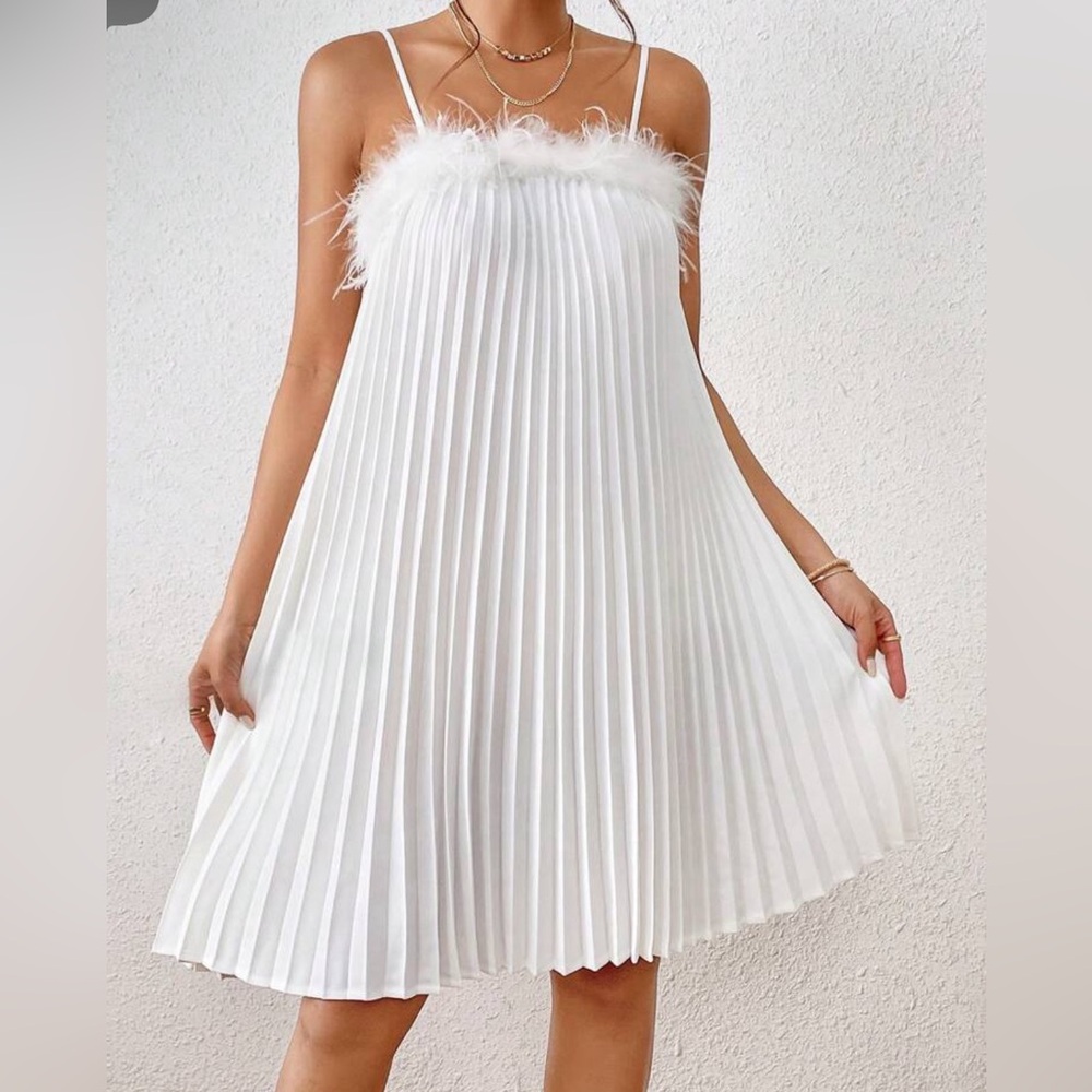 Fuzzy Trim Pleated Cami Dress